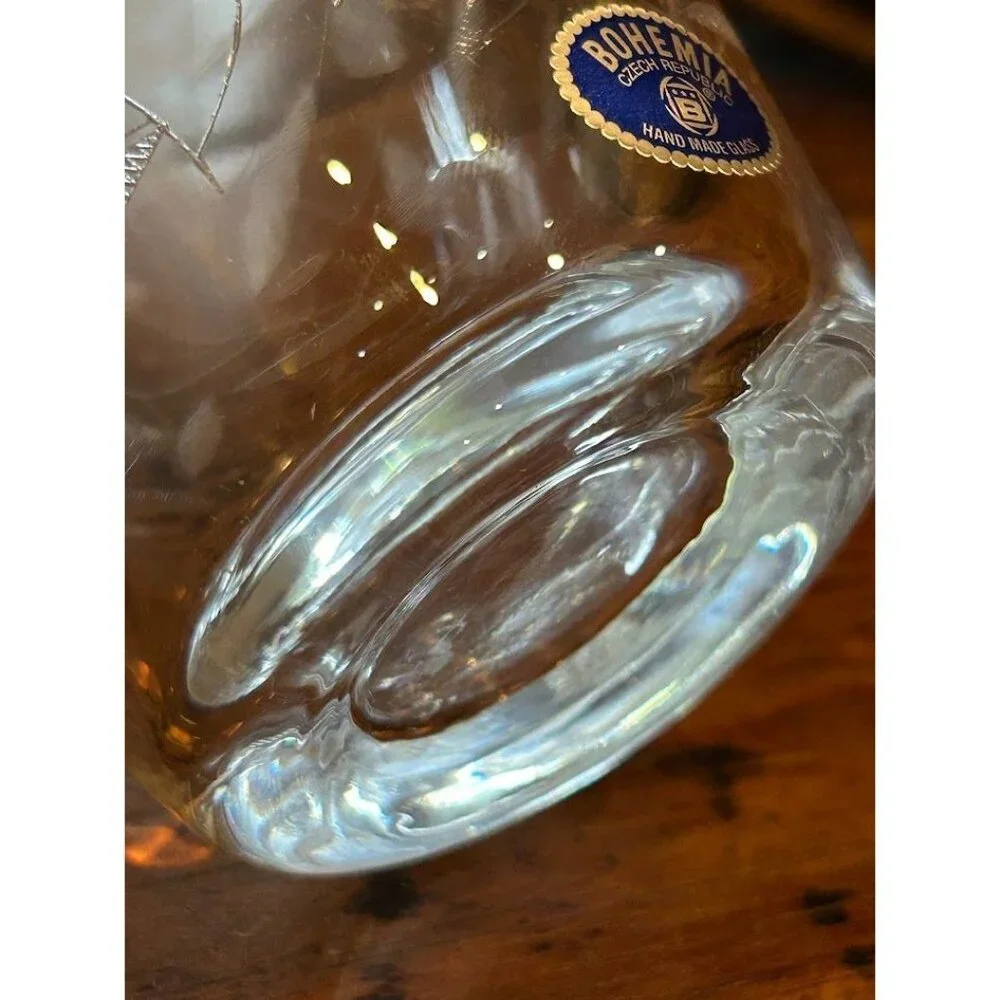 Glass Etched Vase Bohemia Czech Republic Leaf Design‎ 6.5